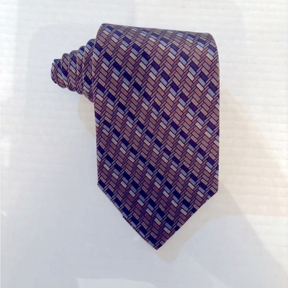 VITALIANO PANCALDI silk geometric tie brown gold blue basketweave Italian luxury